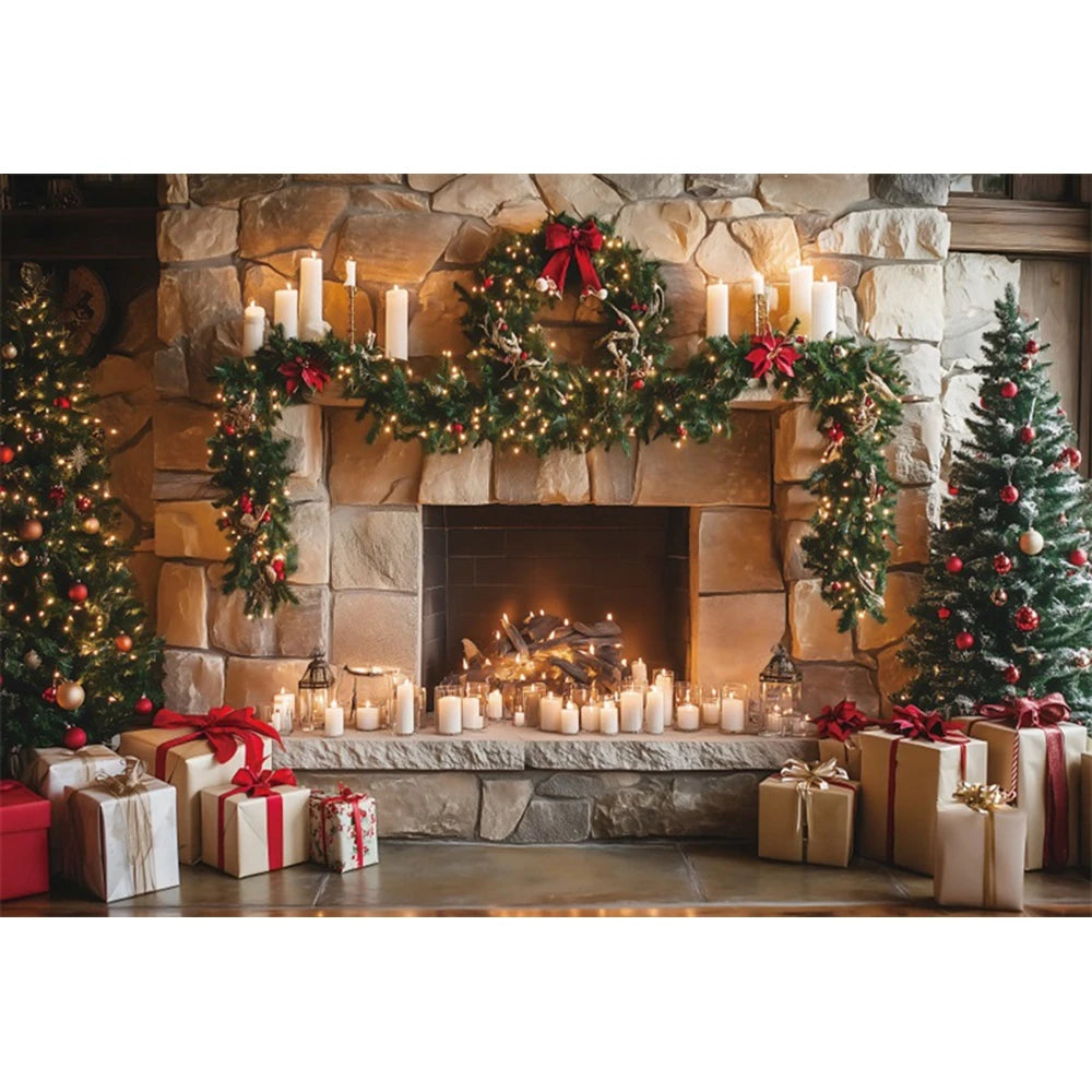 Christmas Fireplace Photography Backdrop — Gingerbread House & Wooden Window Holiday Photo Background for Kids & Family