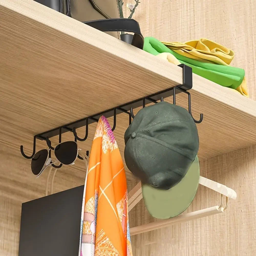 12-Hook Iron Under-Cabinet Mug Rack - Punch-Free Double-Row Cup & Mug Holder, Traceless Storage (Black / White)