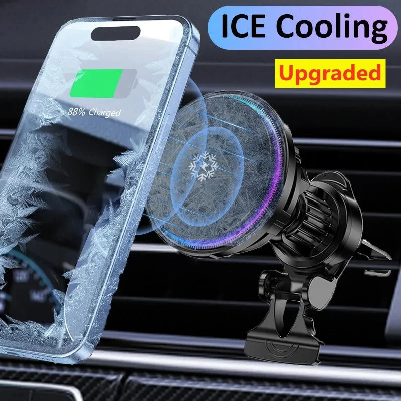 Ice Cooling Magnetic Wireless Car Charger 15W – MagSafe-Compatible Fast Charge Car Phone Holder with Cooling Fan & RGB LED
