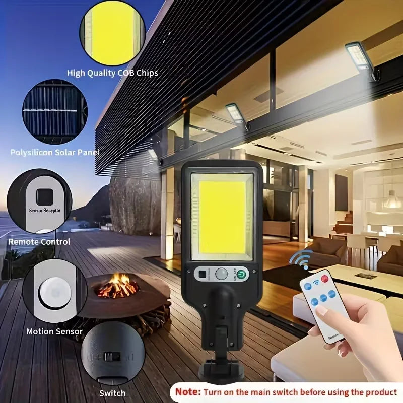 LED COB Solar Motion Sensor Wall Light – 3 Modes, Remote Control, IP65 Waterproof, 1500LM 1200mAh