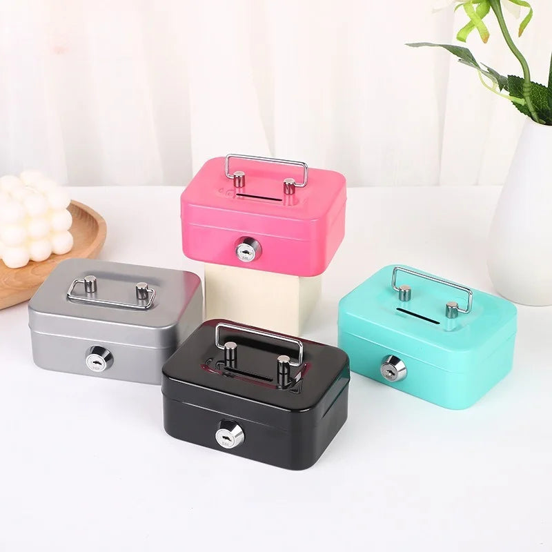 Portable Lockable Metal Cash Box with Key - Small Piggy Money Safe for Kids