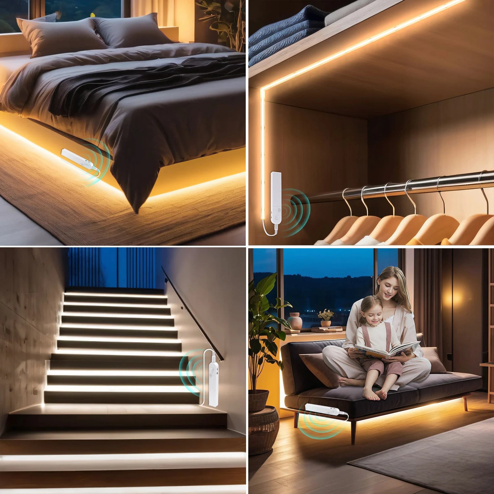 5V COB LED Strip Light with Motion Sensor – USB or 4×AAA Battery Powered, 320 LEDs/m, Cuttable, 0.5–5m (Warm to Cool White + RGB)