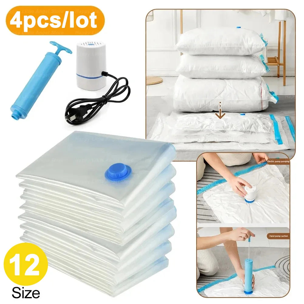 4-Pack Reusable Vacuum Storage Bags for Clothes, Clear Large Space-Saving Compression Bags for Travel & Home