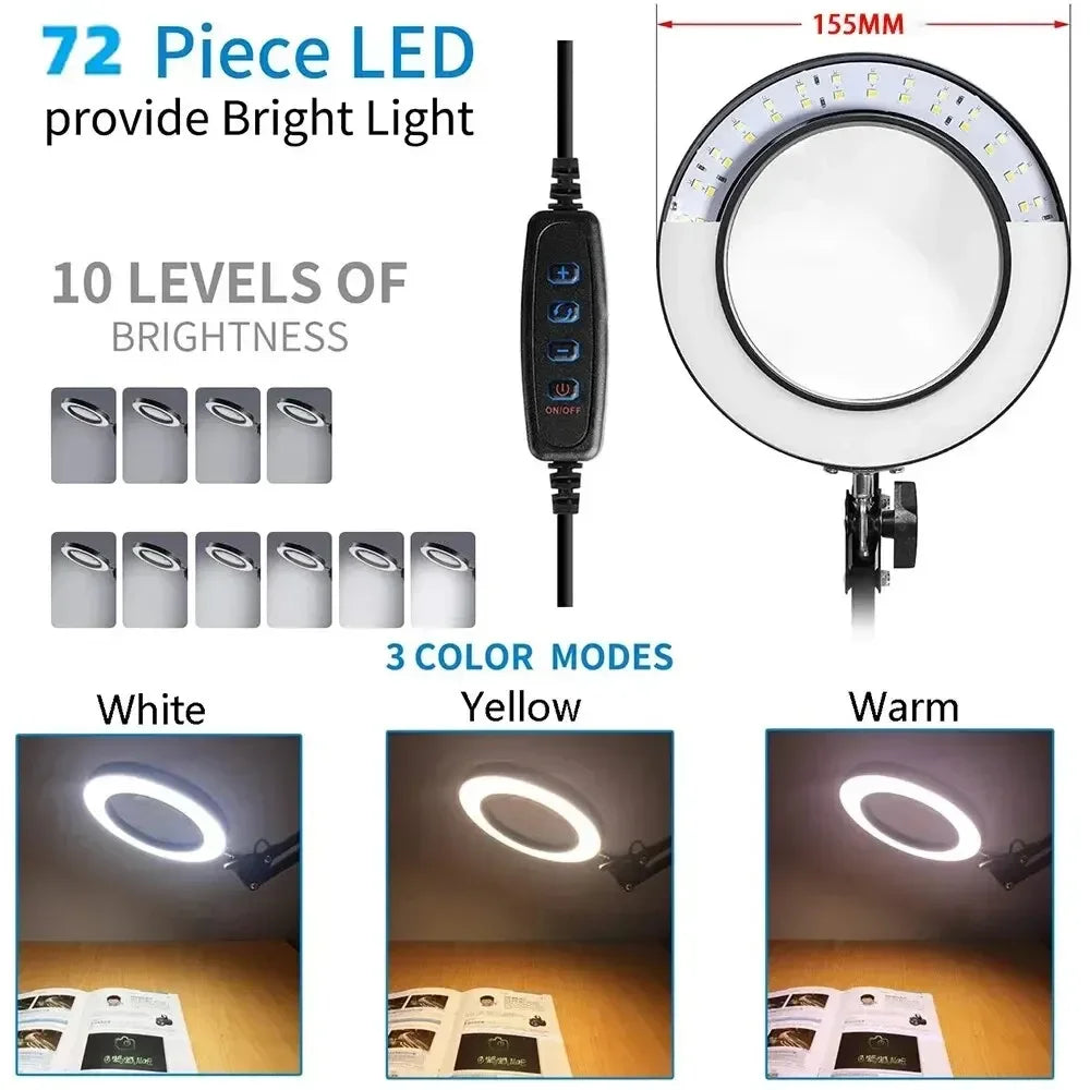 72-LED 8X/10X USB Illuminated Magnifying Lamp — 3-Color Adjustable LED Magnifier with Clamp for Soldering, Crafts, Repair & Skincare