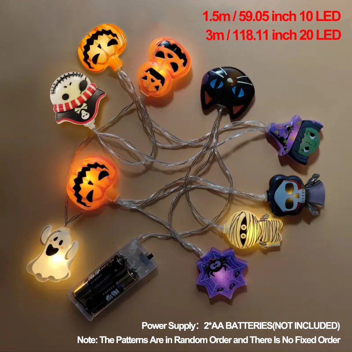 10/20/30 LED Halloween String Lights – Pumpkin, Bat, Ghost, Cat, Spider, Pirate, Witch & Mummy Shapes, Battery-Powered Indoor Outdoor Decor