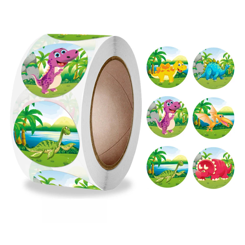 Dinosaur Cartoon Reward Stickers for Kids — 100 / 300 / 500-Pack Round 25mm (1 in) Classroom & Teacher Stickers