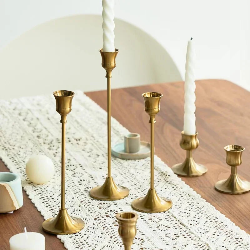 3-Piece Brass Gold Candlestick Holder Set 5.9/7.3/9.3 in (15/18.5/23.5 cm) Taper Candle Stands for Wedding & Home Decor