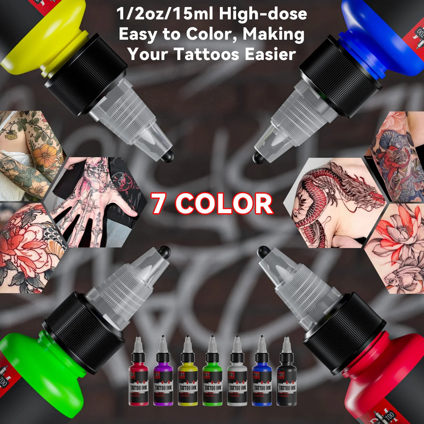 7-Pack 15ml Tattoo Ink Set - 7 Colors Body Art Pigments for Semi-Permanent Makeup & Tattooing