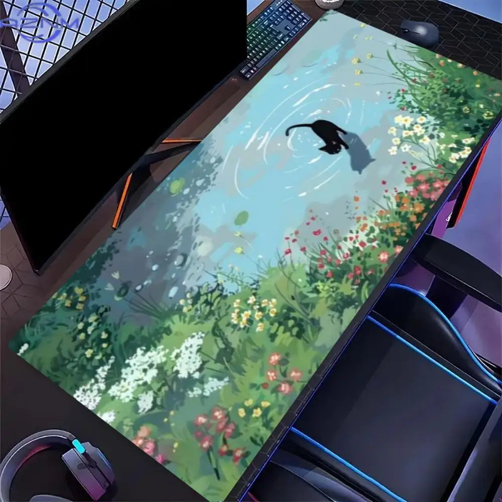 Cute Cat Floral XXL Extended Gaming Desk Mat - Non-Slip Rubber Base with Locking Edge Mouse Pad for Laptop, PC & Home Office