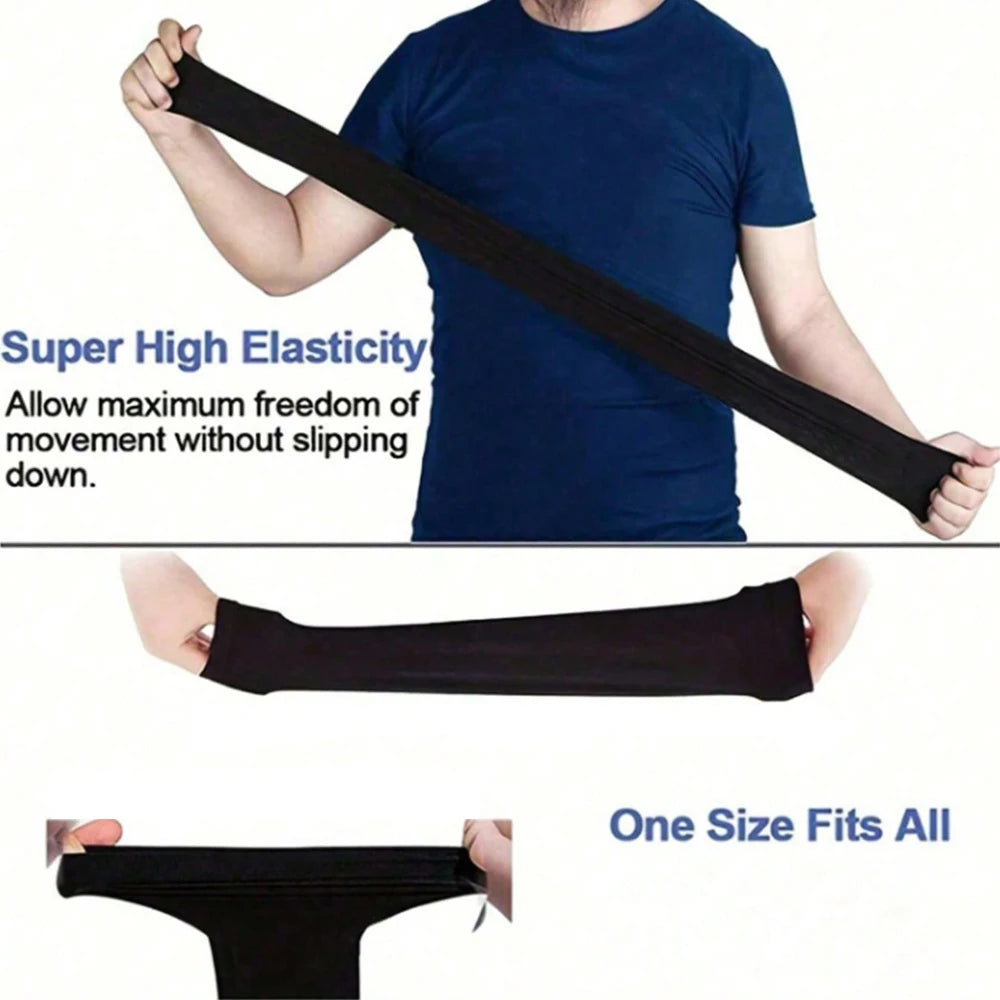 Man stretching a black arm sleeve to show high elasticity and fit for all sizes