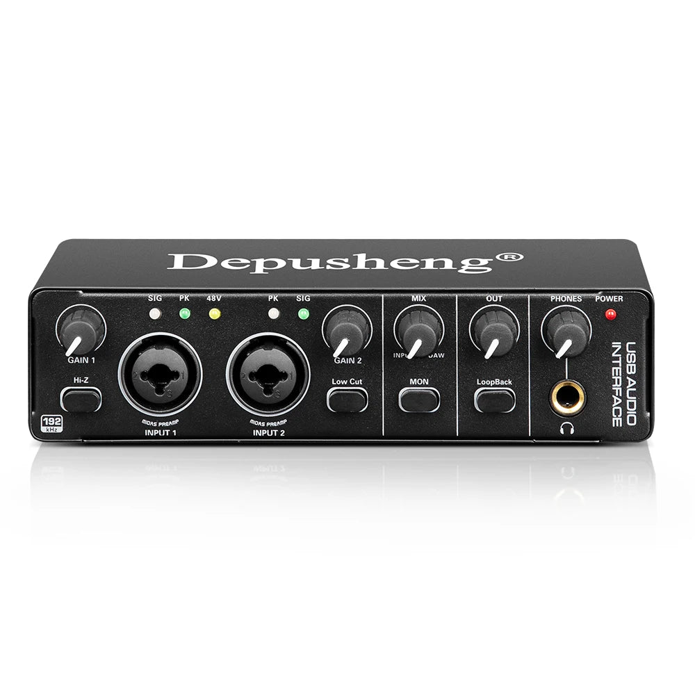 USB Audio Interface 2-In/2-Out with 48V Phantom Power — Low-Latency Recording & Live Monitoring for Guitar, Vocals, Podcasting