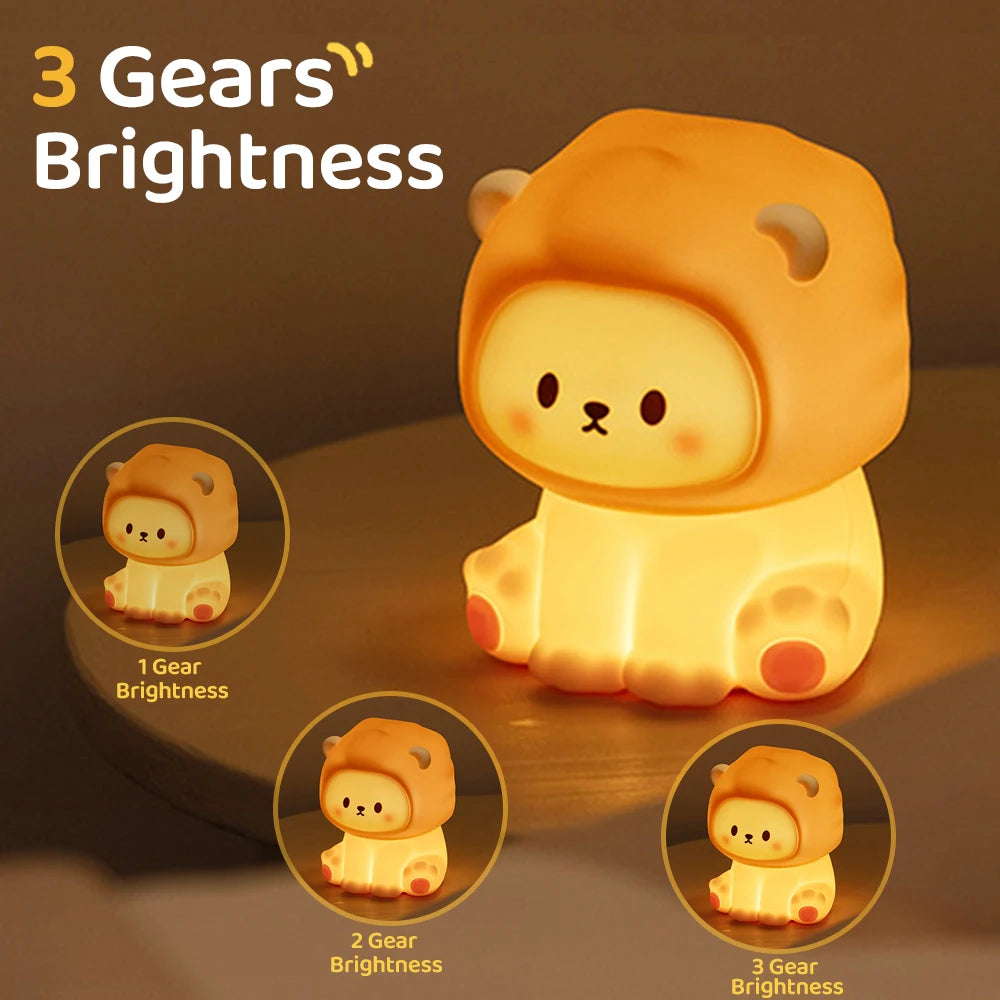 Cute Panda & Lion Silicone LED Night Light – USB Rechargeable Bedside Timer Lamp for Kids & Babies, Perfect Birthday Gift