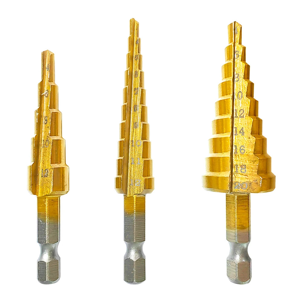 Ti-Plated Hex-Shank Step Drill Bit Set — 3–12mm (0.12–0.47in), 4–12mm (0.16–0.47in), 4–20mm (0.16–0.79in) — 3-Piece