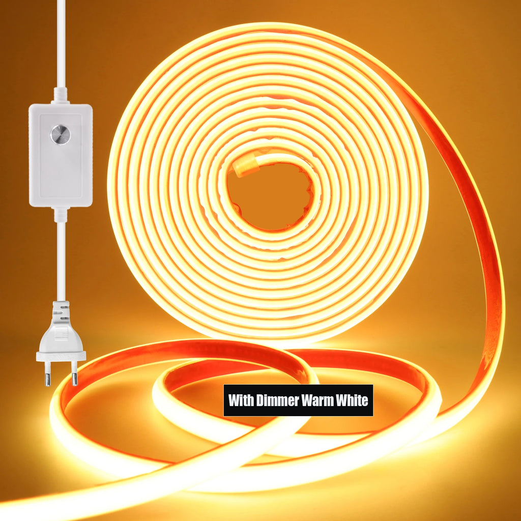 220V COB LED Strip Light 288 LEDs/m IP67 Dimmable with EU Plug & Switch - Flexible Adhesive Tape