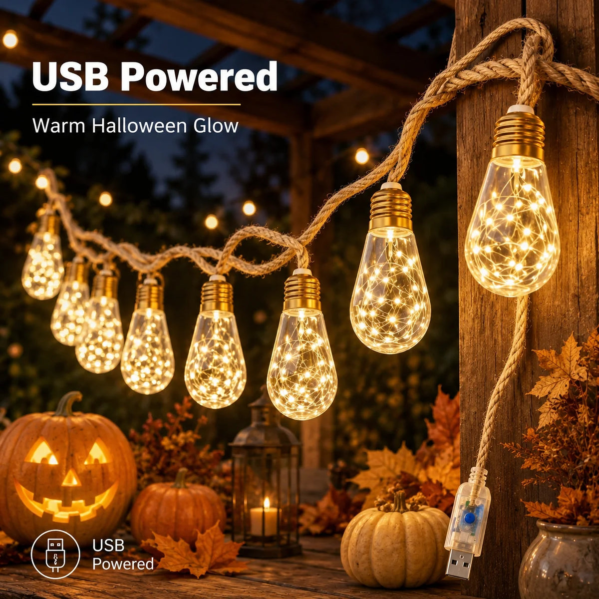 USB Hemp Rope Edison String Lights – Warm White 8/16/24 LED, 4m/6m/8m (13.1/19.7/26.2 ft), 8 Modes – Patio Porch Wedding Garden Decor