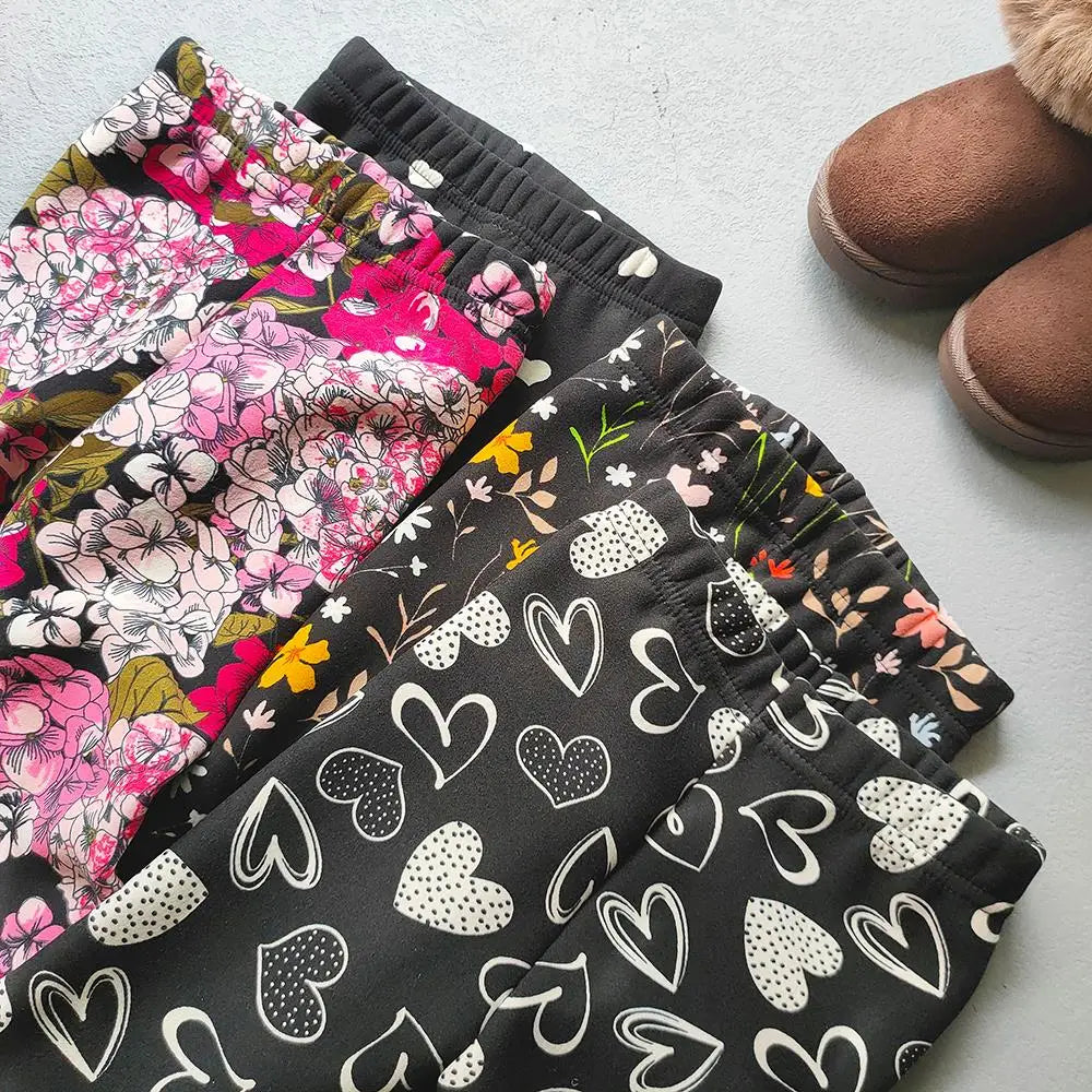 Girls Floral Fleece-Lined Leggings - Thick Warm Winter Pants for Toddlers and Kids (2-11 Years)