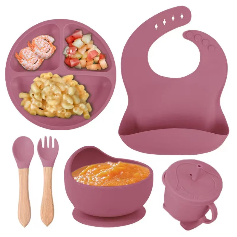 Baby Silicone Dinnerware Set 6/8-Piece with Suction Plate, Bib, Forks, Spoons, Straws & Cup – Feeding Set for Babies & Toddlers