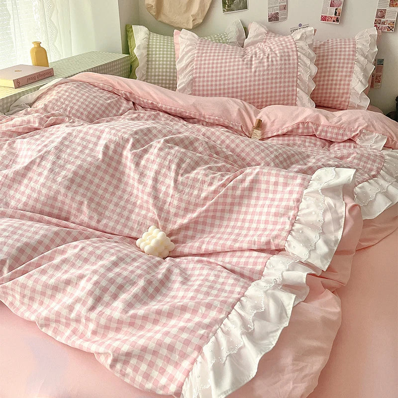Korean Princess Lattice Double-Layer Lace Duvet Cover Set — Soft Microfiber Plaid Quilt Cover with Flat Sheet & Pillowcases (Single/Full/Queen: 150×200–200×230 cm / 59×79–79×91 in)