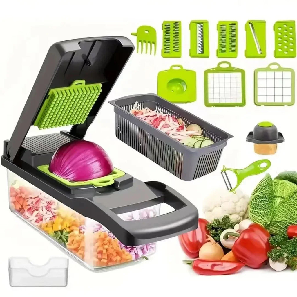 16-Piece Multifunctional Vegetable Slicer & Chopper Set - Food-Grade Stainless Steel Grater with Collector Basket