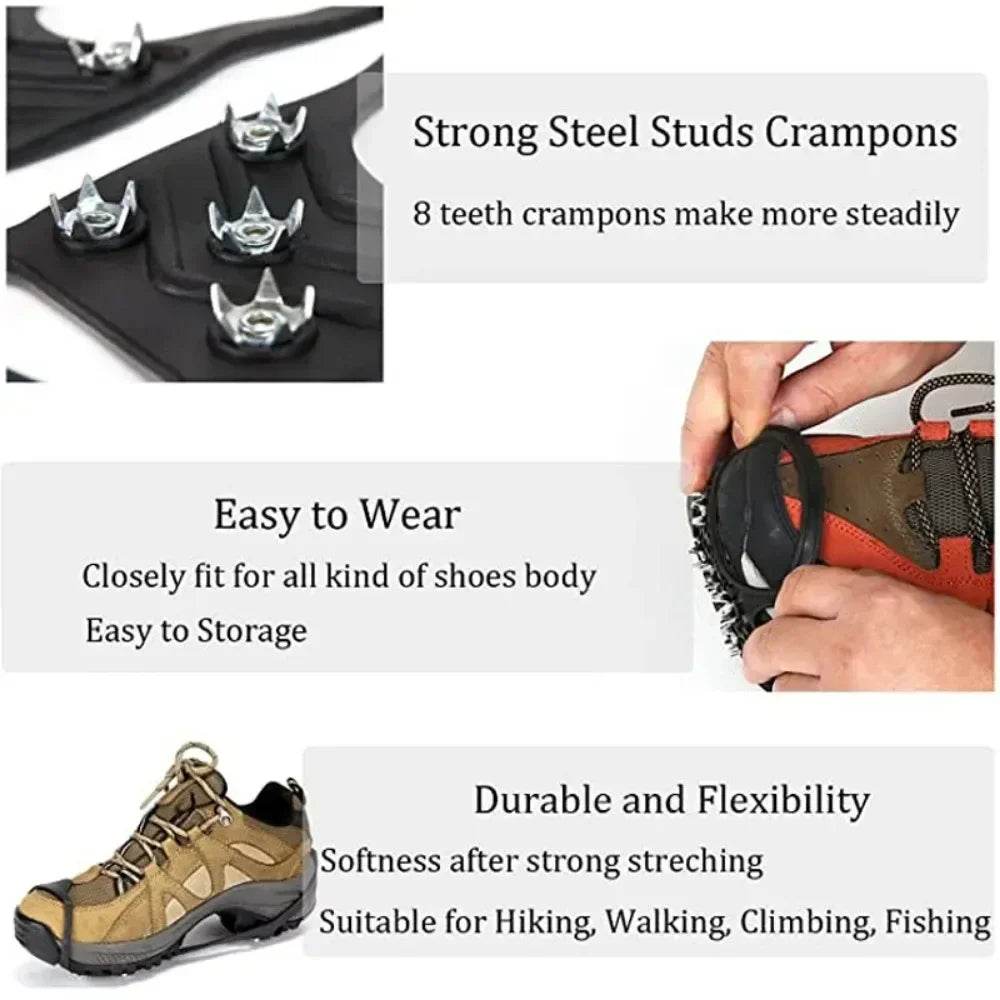 8-Teeth Ice Grippers for Shoes — Winter Anti-Slip Crampons (M, L) Traction Cleats for Hiking & Snow