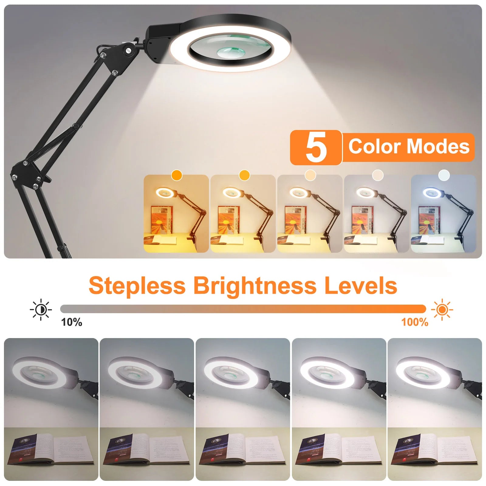 Adjustable Swing-Arm Magnifying Lamp 5X/10X with 110mm Lens, 5-Color Touch LED Clamp Light for Reading Jewelry Repair Electronics