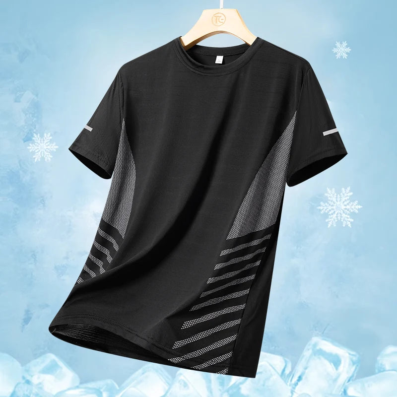 Men's Running T-Shirt Ice Silk Quick-Dry Breathable Mesh Short Sleeve Athletic Tee with Reflective Print