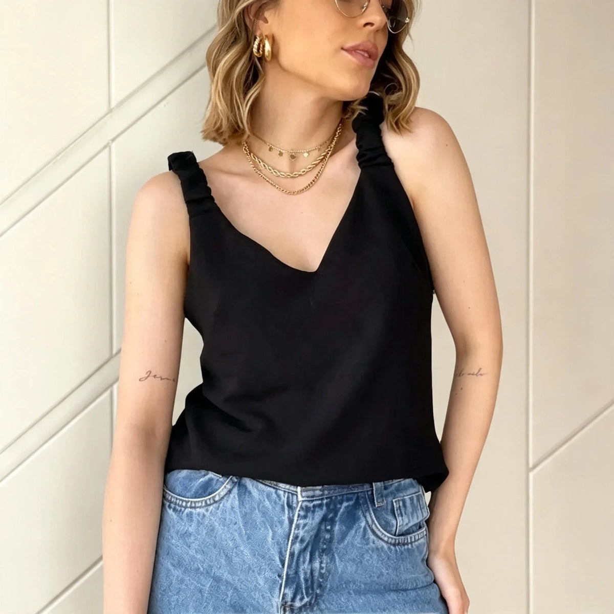 Collared V-Neck Waist-Fit Vest Top for Women — Pleated Camisole, Trendy Festival Style