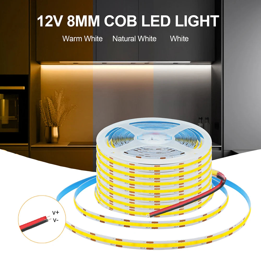 COB LED Strip Light 320 LEDs/m – 3/5/8mm PCB (0.12/0.20/0.31in), 5V/12V/24V, Flexible Tape 0.5–5m (1.6–16.4 ft), Warm/Natural/Cool White + RGB