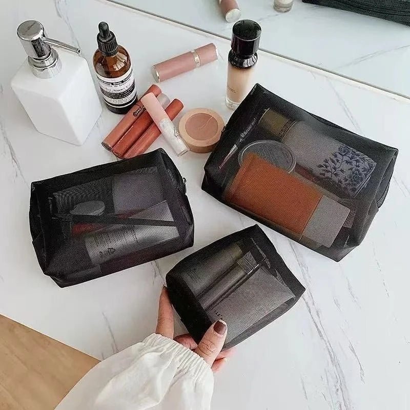 3-Pack Mesh Makeup Bags - Travel Cosmetic Organizer Set for Women, Portable Mini Toiletry Pouches for Lipstick & Cosmetics