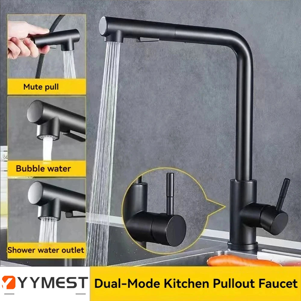 Matte Black Pull-Out Kitchen Faucet – 304 Stainless Steel Single-Handle, 360° Swivel, Ceramic Valve, Stream & Spray