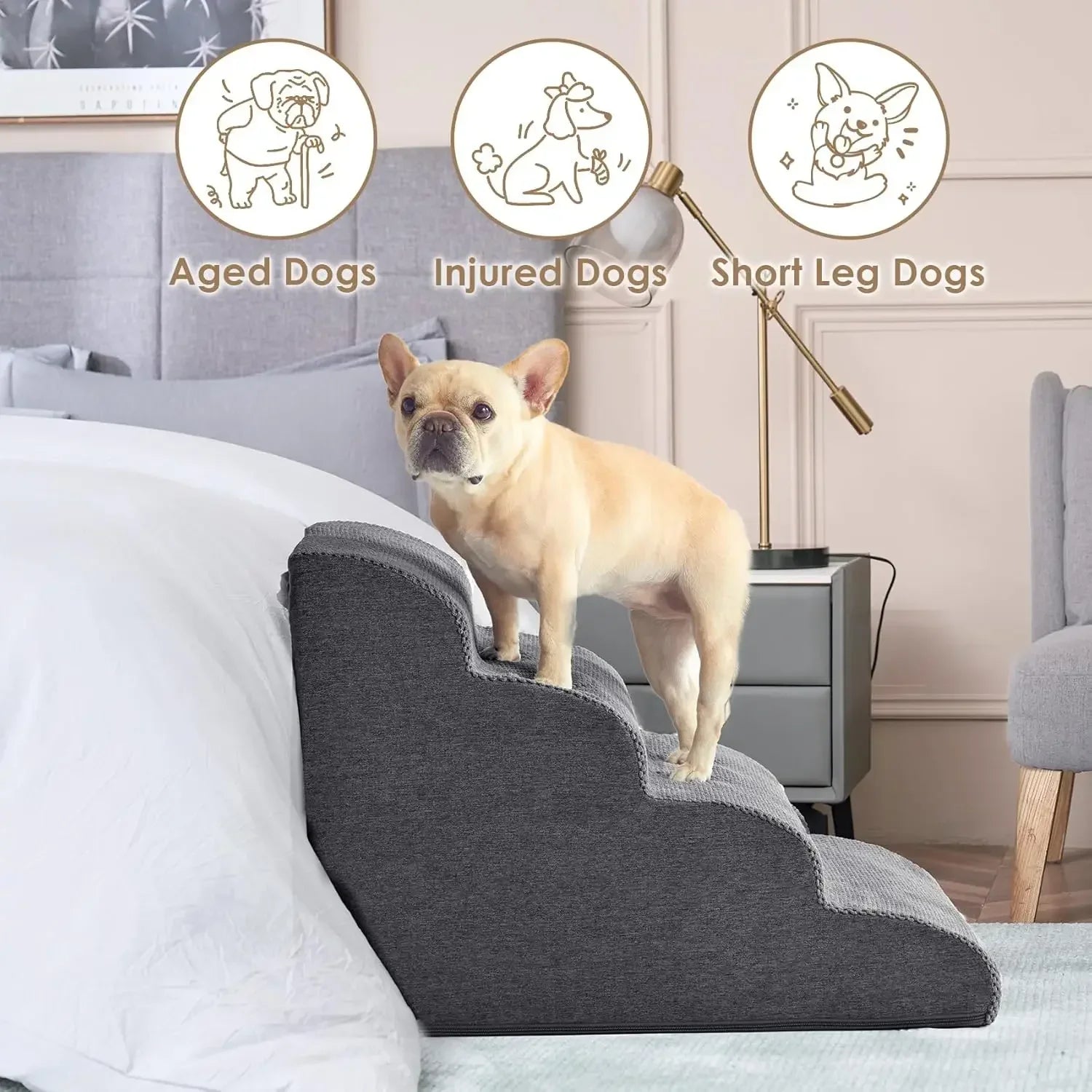 Curved Foam Pet Stairs for Dogs and Cats — 2–5 Step Non-Slip Ramp Fits Beds Up to 24 in (61 cm)