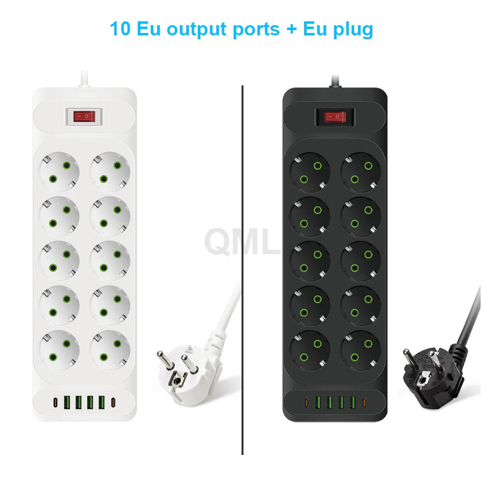 EU Power Strip 2500W — 10-Outlet Extension with Safety Master Switch, 6 USB Ports incl. USB-C, 2m (6.6 ft) Cord, EU Plug