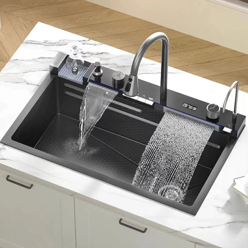 304 Stainless Steel Kitchen Sink with Digital Display Waterfall Faucet - Multifunctional Single Bowl 75 x 45 cm (29.5 x 17.7 in)