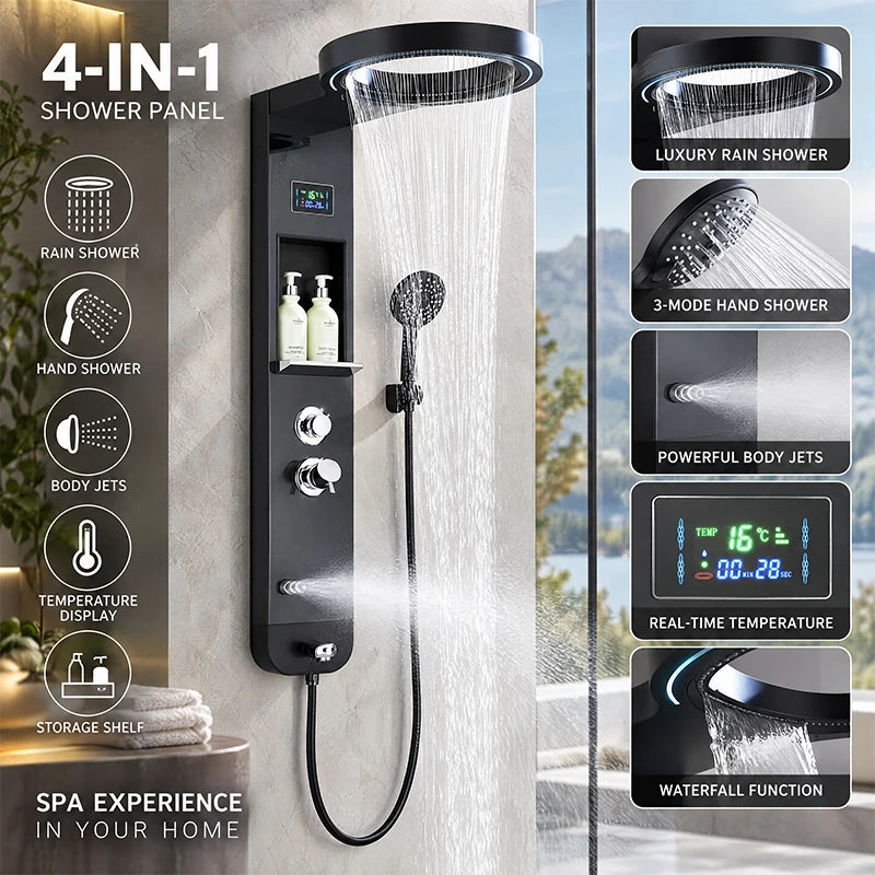 Black Shower Panel Column with Rain & Waterfall Shower Head, Massage Jets and Mixer Faucet