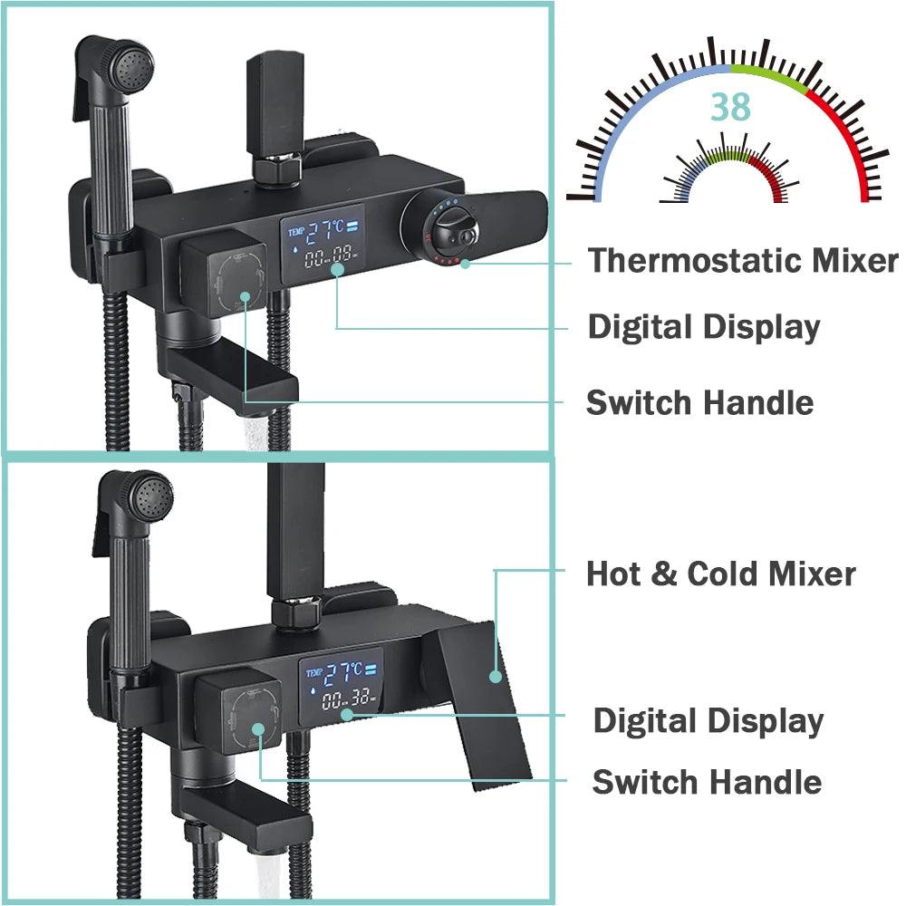 Black Digital Thermostatic Shower System 10-Inch (25.4 cm) Rainfall Head 4-Way Mixer with Digital Display, Slide Bar Shelf & Bidet Faucet