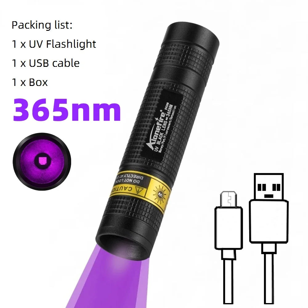 365nm Mini UV LED Blacklight Flashlight USB Rechargeable 3W – Portable UV Lamp for Nail Curing, Pet Stain & Scorpion Detection