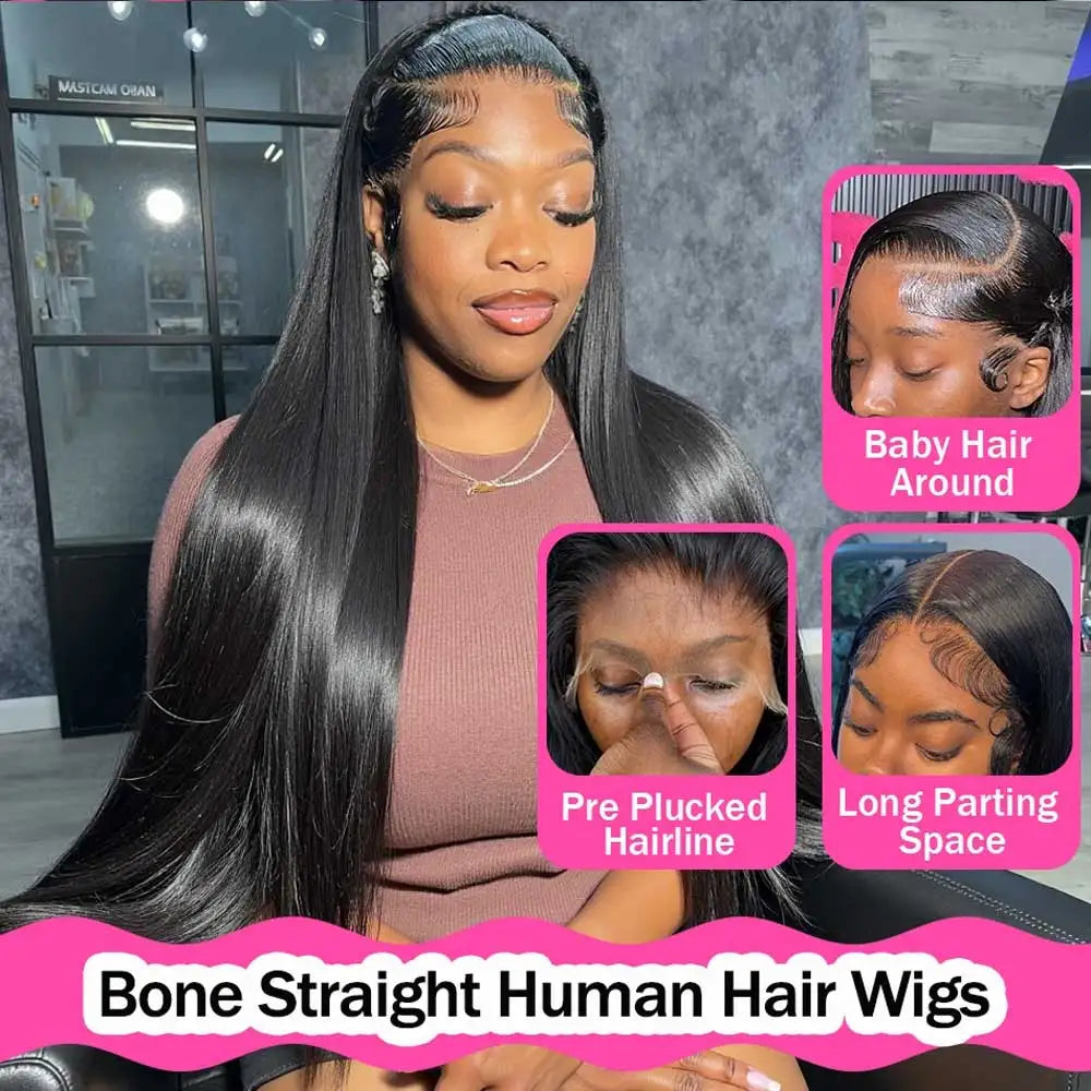 40–42 in (102–107 cm) Bone Straight Human Hair Wig, 13x4 & 13x6 HD Lace Frontal, Glueless Remy Brazilian