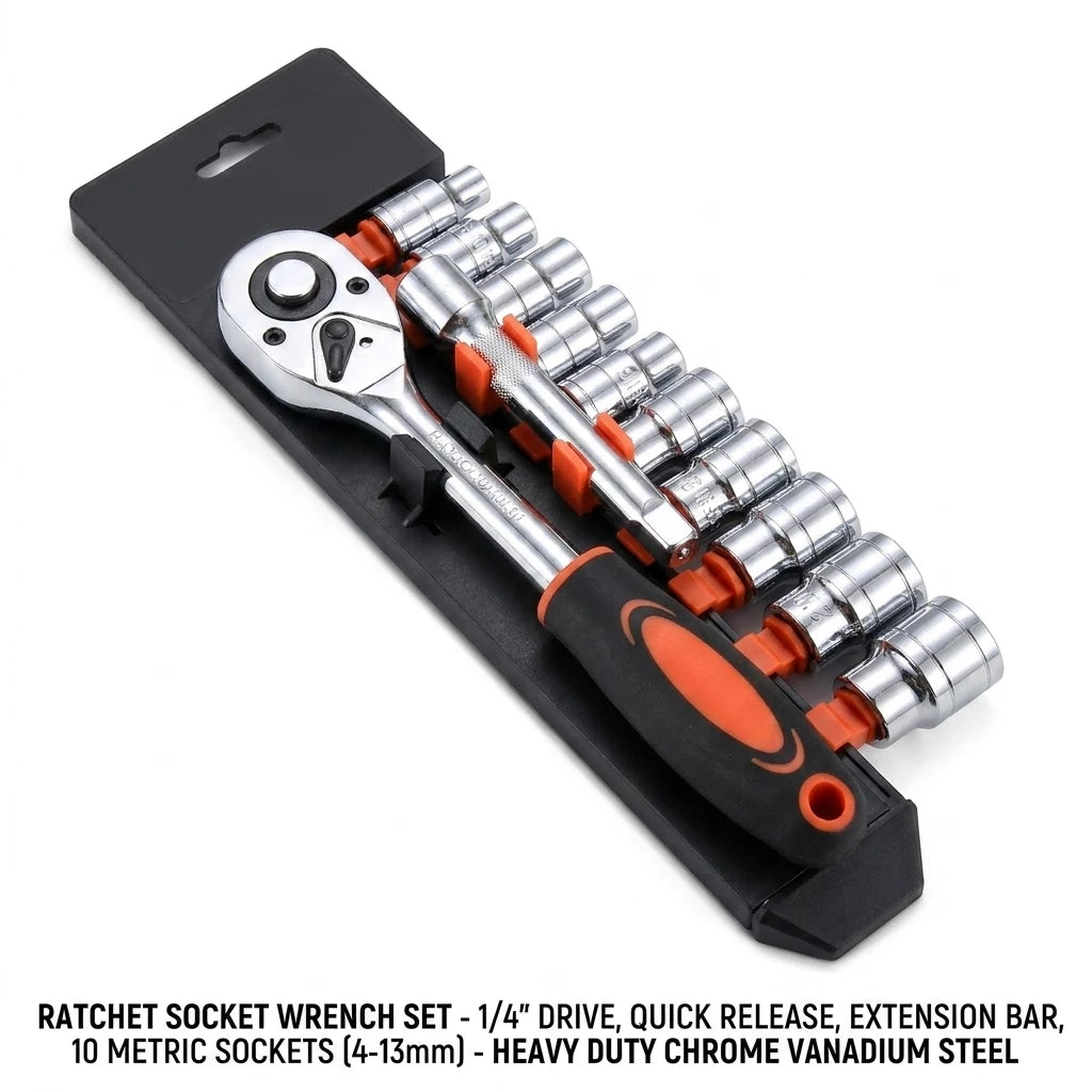 12-Piece 1/4-Inch (6.35mm) Drive Socket Ratchet Set 4mm-13mm Short Sockets with Extension Bar — Hand Tool Kit for Car, Motorcycle & Bicycle Repair