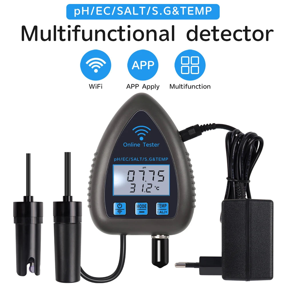 5-in-1 WiFi & Bluetooth Water Quality Monitor — pH, TDS/EC, Salinity, Specific Gravity & Temp for Aquariums, Hydroponics & Aquaculture