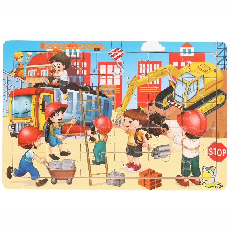 30-Piece Wooden Jigsaw Puzzle for Kids, Cartoon Animals & Vehicles, Early Learning Toy