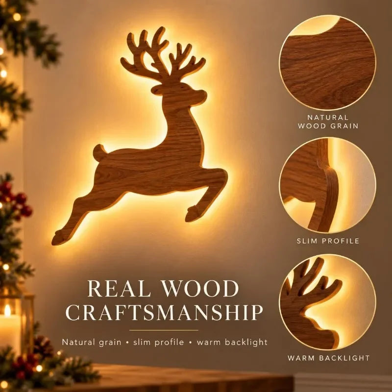LED Light-Up Wooden Reindeer & Santa Sleigh Wall Decor with Remote — Battery Powered Christmas Wall Stickers