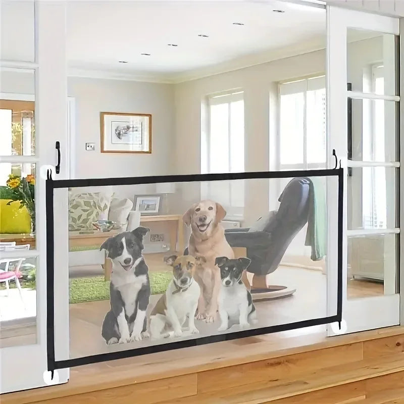 Heavy-Duty Foldable Breathable Dog Barrier Mesh Gate with 6 Adhesive Hooks – Indoor Outdoor Pet Safety Gate