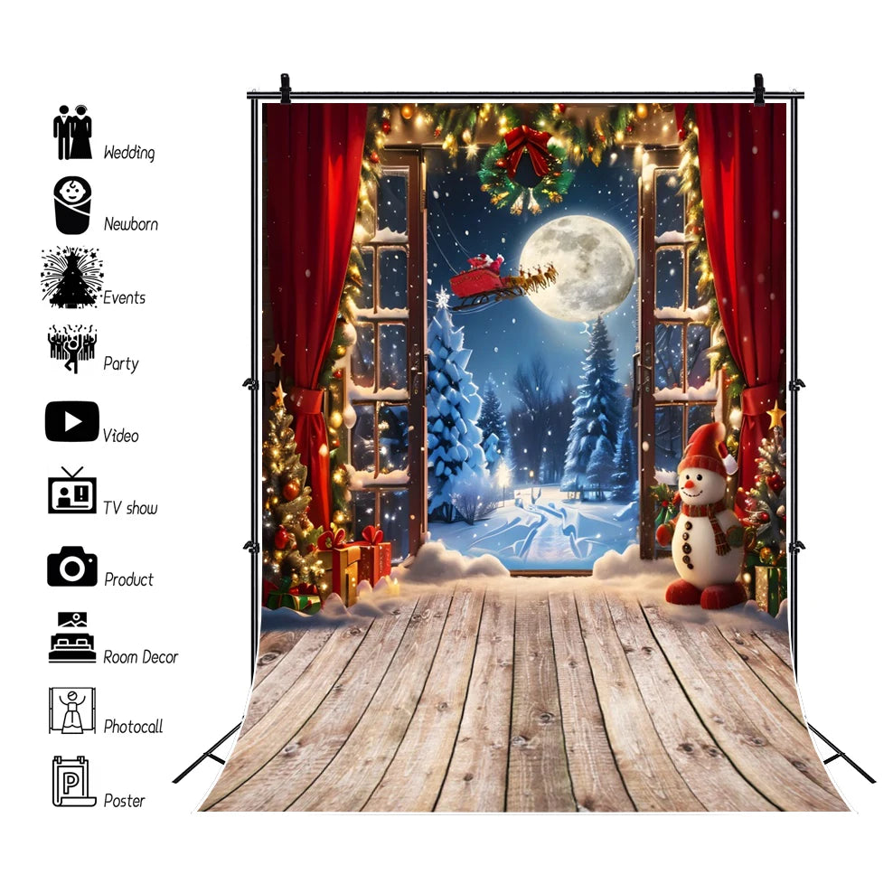 Christmas Photography Backdrop - Santa, Tree & Fireplace Winter Snow Wood Floor Portrait Background