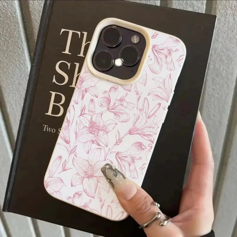 Pink Lily Floral Leather-Texture Shockproof Bumper Phone Case for iPhone - Anti-Drop Anti-Fingerprint