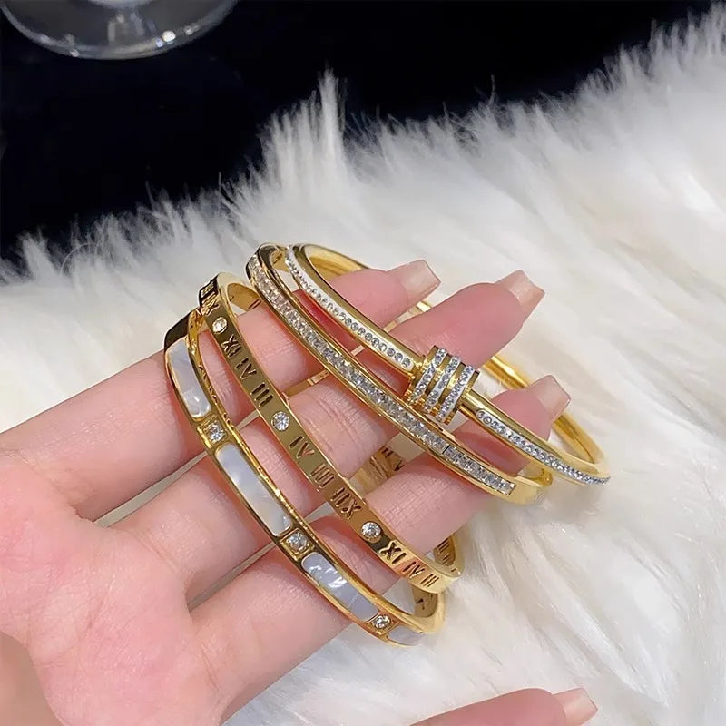 8-Piece Stainless Steel Rhinestone Bracelet Set – Elegant Gold & White Stackable Bangles for Women