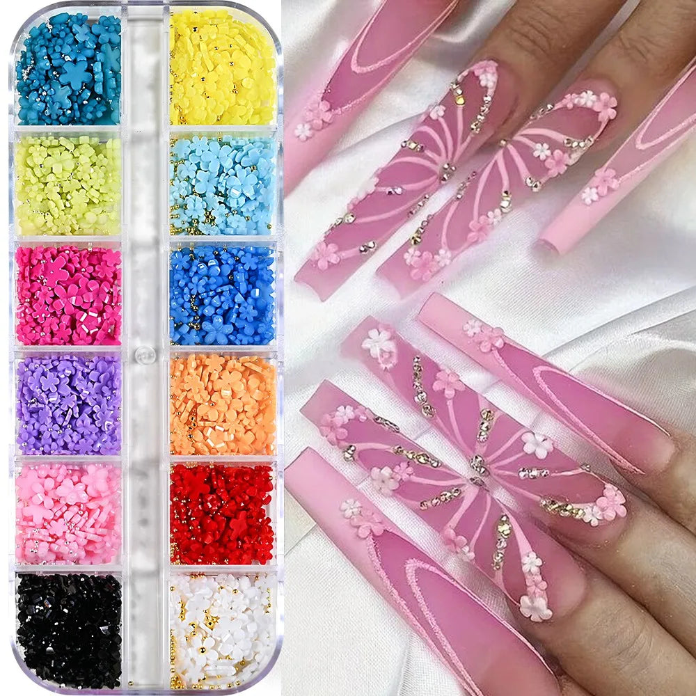 12-Grid Pink & White Nail Art Charms Set – Bows, Pearls, Rhinestones & Butterflies for DIY Manicure