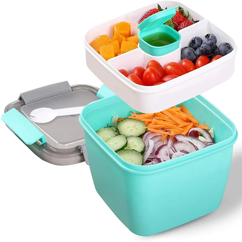38 oz (1.12 L) Portable Salad Lunch Bowl - 3-Compartment Leakproof Bento Box with Dressing Cup & Utensil