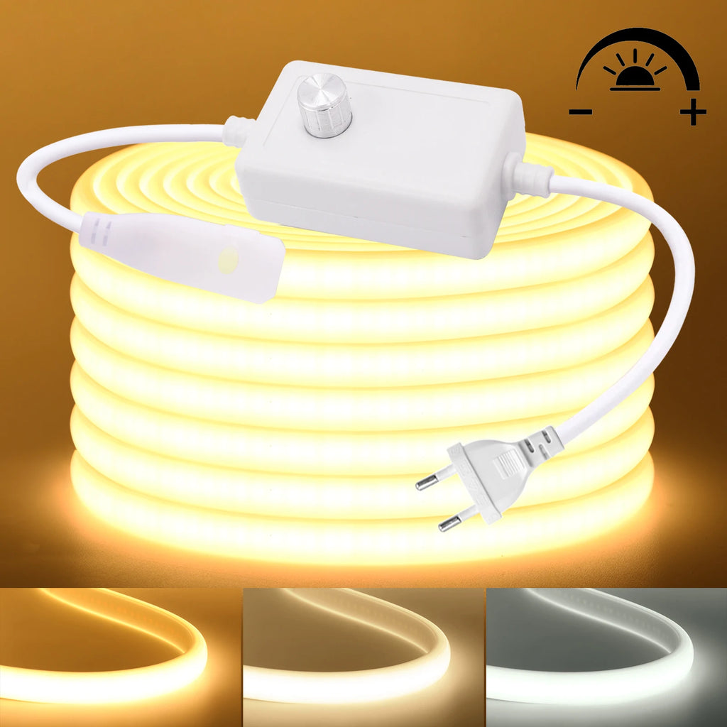COB LED Strip Light 220-240V EU Dimmer Plug IP67 Waterproof Tape, 3000K/4000K/6000K, 288 LEDs/m