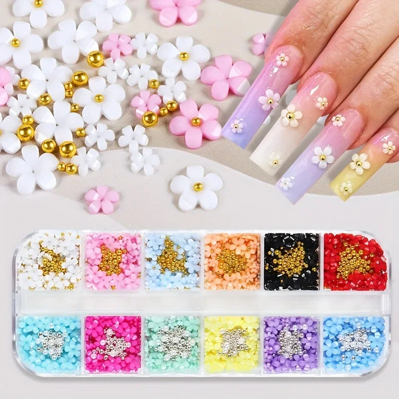 12-Grid 3D Flower Nail Charms Set - Mixed Colors Caviar Beads, Rhinestones & Pearls for DIY Nail Art (3mm & 6mm / 0.12 in & 0.24 in)