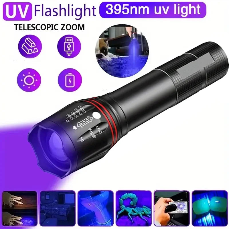 395nm UV LED Flashlight Rechargeable Zoomable - Portable Pet Urine & Bed Bug Detector, Money and Scorpion Finder
